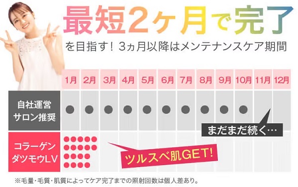 コラーゲン脱毛LV　脱毛実感　スケジュール　最短2ヶ月